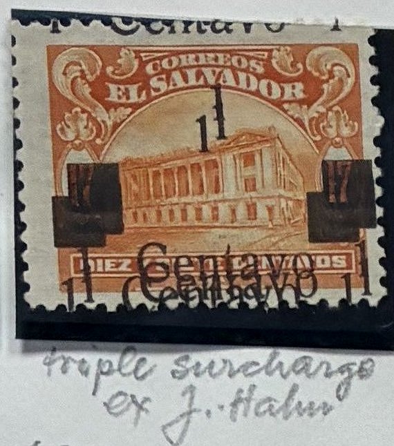 sellos timbres-poste Briefmarken stamps El Salvador 1919 Centavo surcharges on Tram Trolley Tranvia National Theatre teatro nacional 1c on 17c Triple Surcharge ex Hahn 